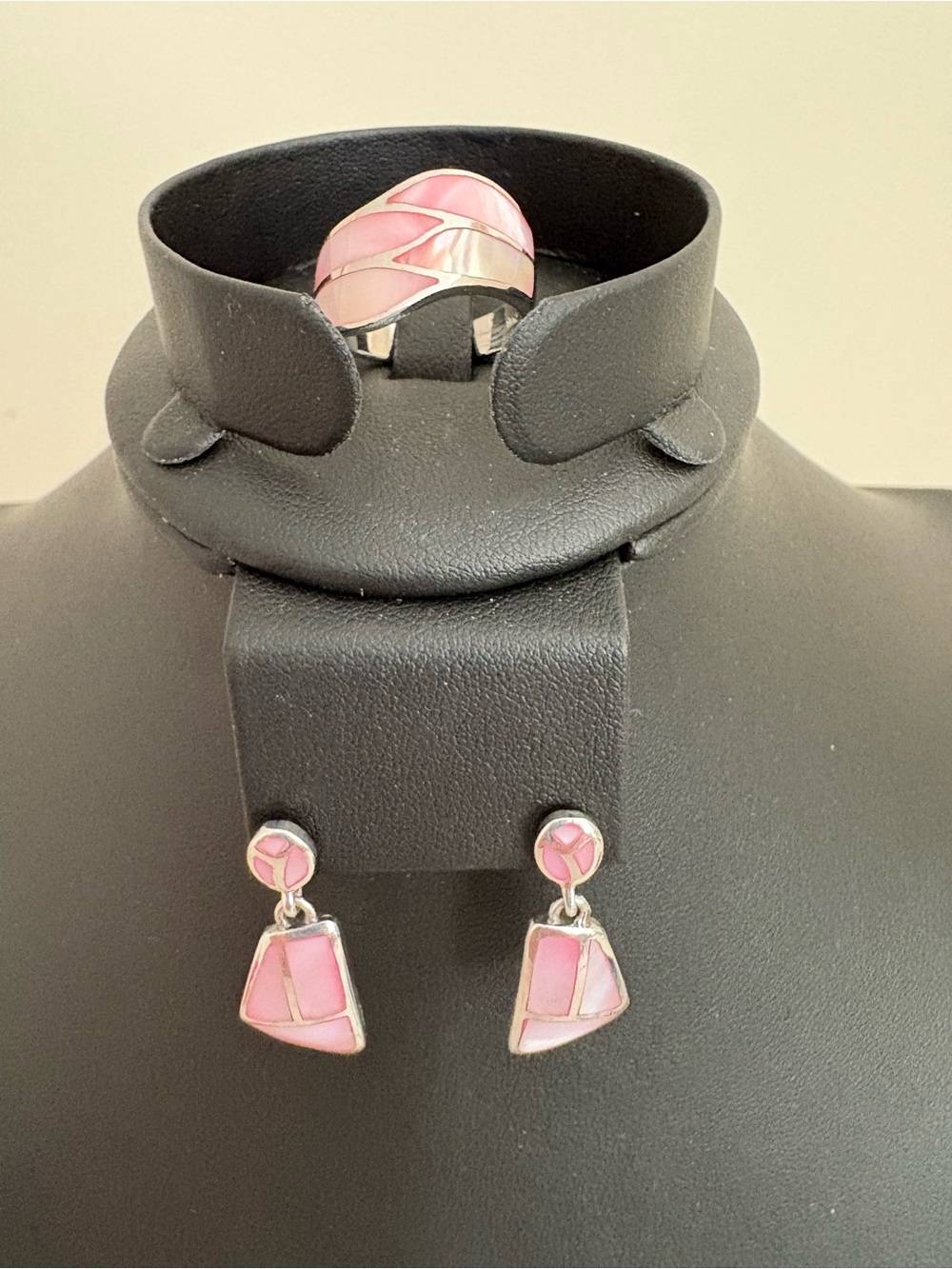 Pink Inlay Sterling Ring and Drop Earrings Set